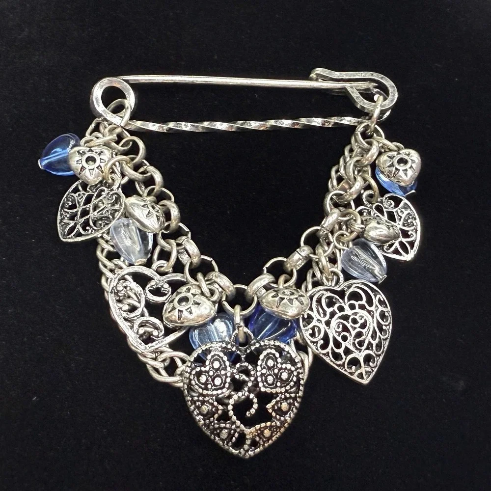 VTG Heart Charm Cluster Lapel Pin Brooch Silver and Blue Beads Statement Jewelry
